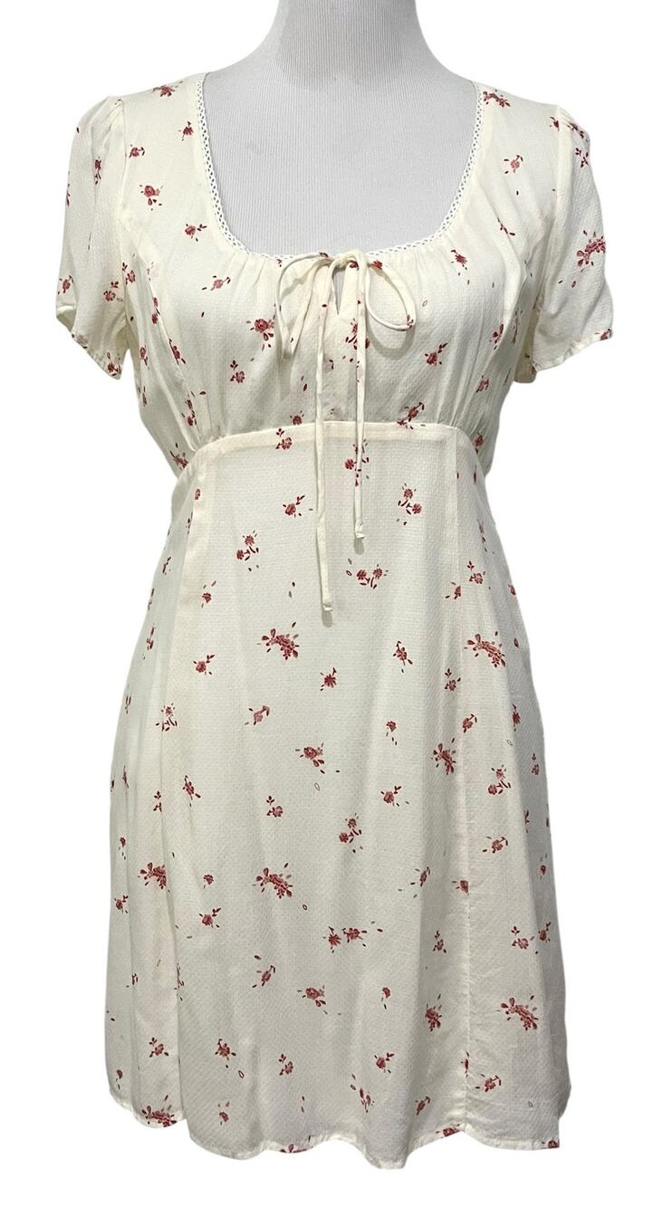 Black Swan Floral Mini Dress Cream Square Neck Coquette Short Sleeve Sz M